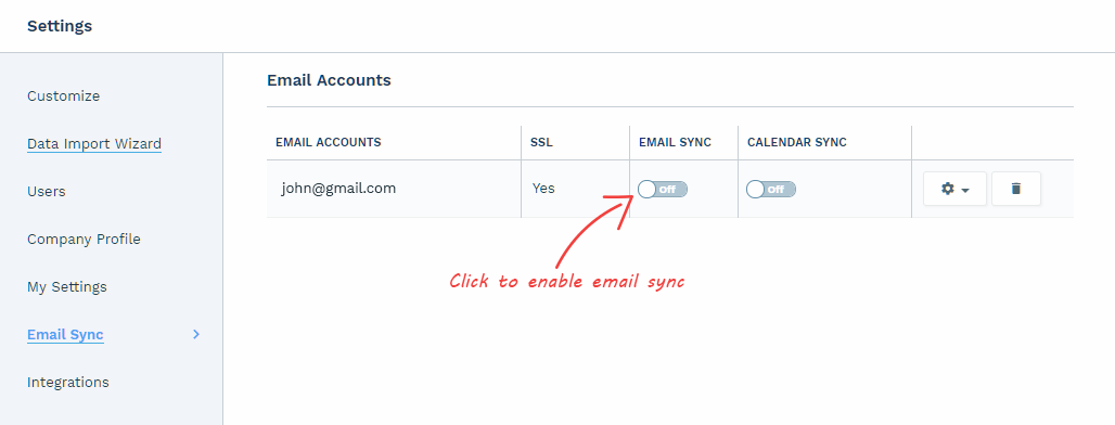 Email Sync - enable email sync of gmail account